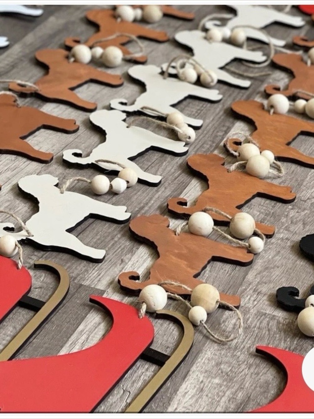 Wooden Doodle Dog and Sleigh garland - White, Brown, Red